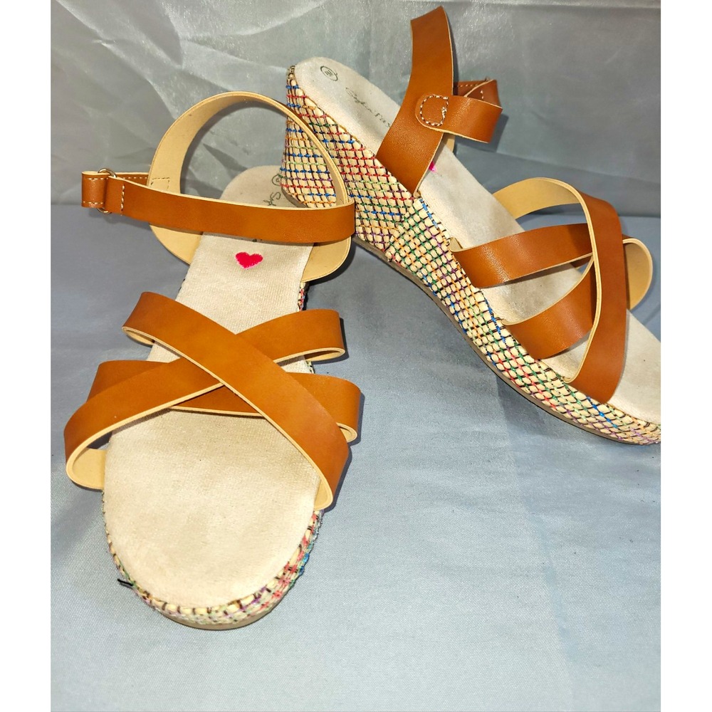 Sophia Taylor Women's Brown Woven Strappy Wedge Sandals Buckle Strap US 6M